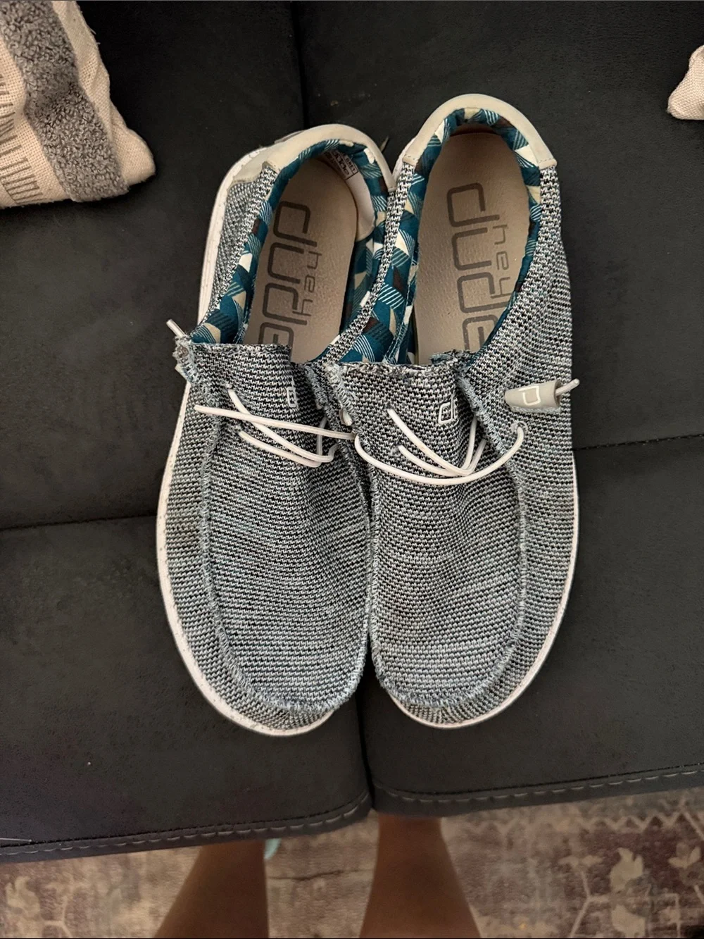Hey Dude Gray Knit Slip-On Loafers with Teal Lining